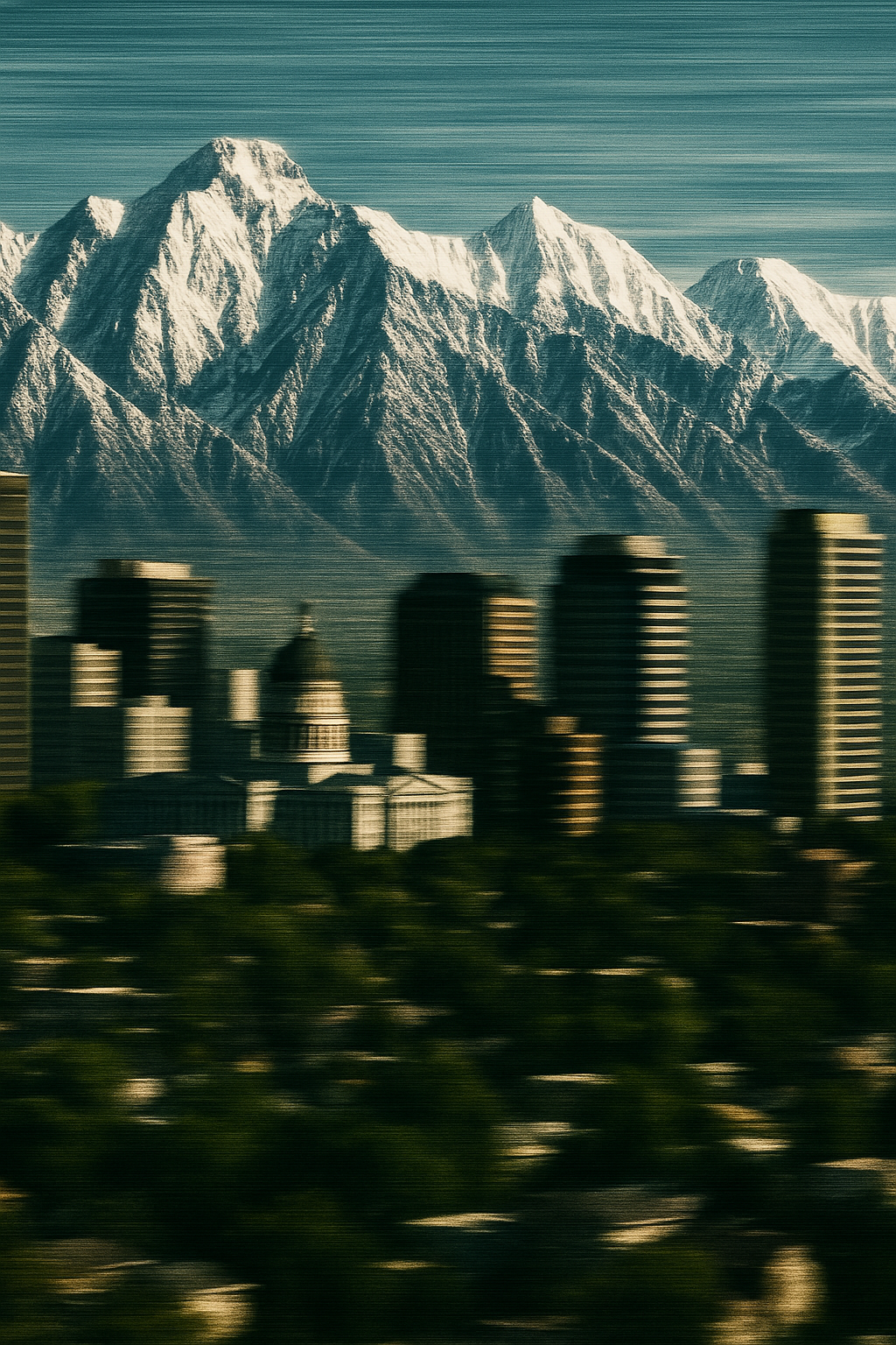 The Salt Lake City skyline with the Wasatch mountains rising behind downtown.